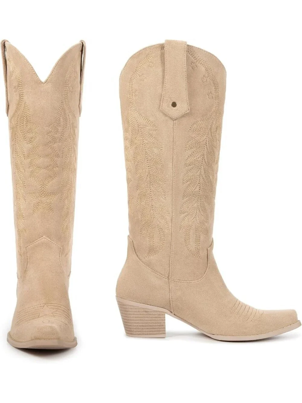 Women's Suede Apricot Cowboy Knee High Cowgirl Boots Pointed Toe Chunky Heels